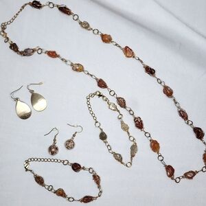 Brown & Gold Tone Jewelry Set;             1 Necklace, 2 Earrings & 2 Bracelets